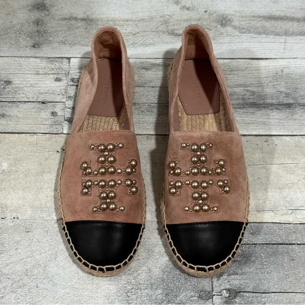 TORY BURCH PEARL LOGO SUEDE FLAT ESPADRILLES CAP TOE IN MEADOW SWEET - SZ - 7 - Picture 2 of 10